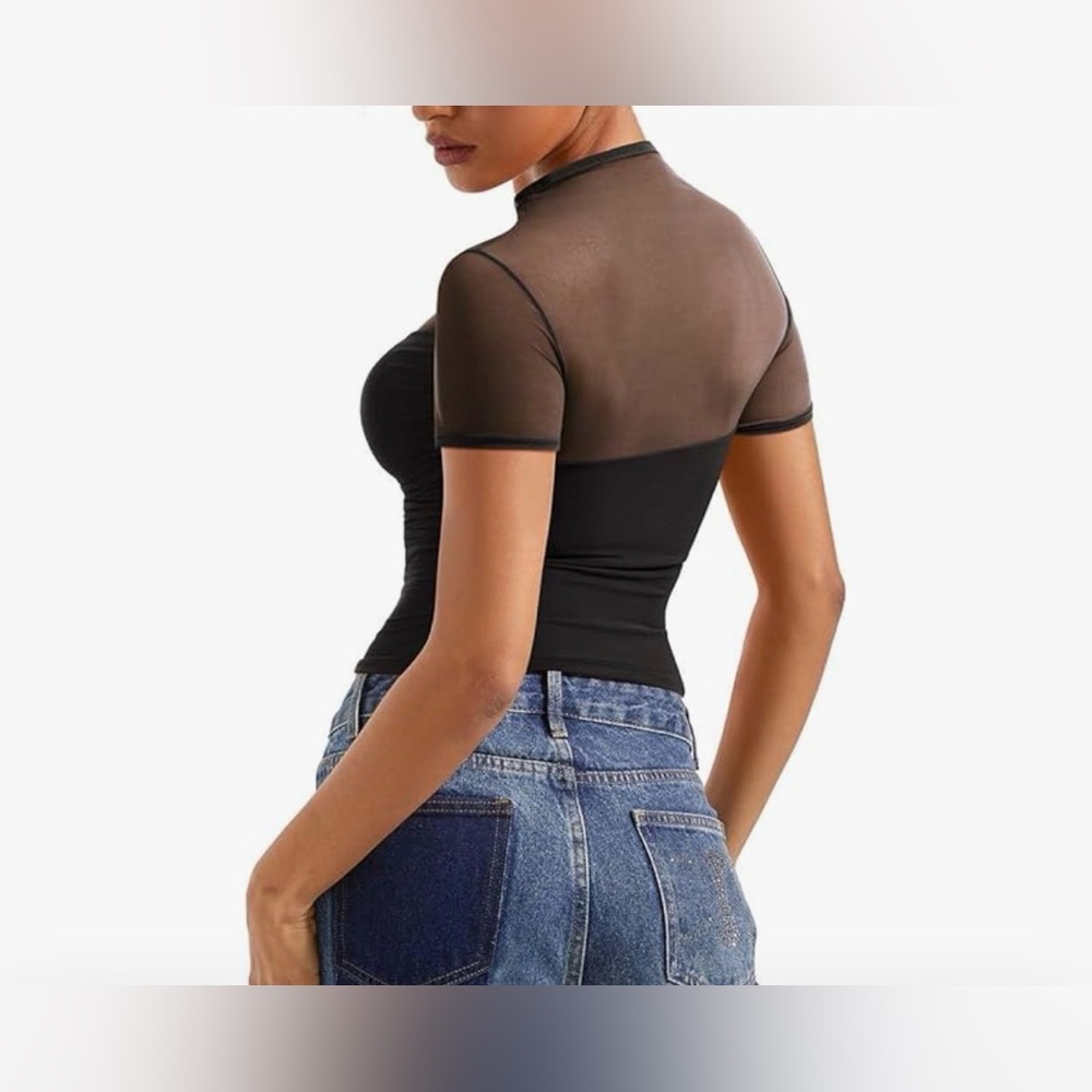 SUUKSESS Women Sexy Mesh Sheer Short Sleeve Tops Mock Neck - Picture 2 of 6